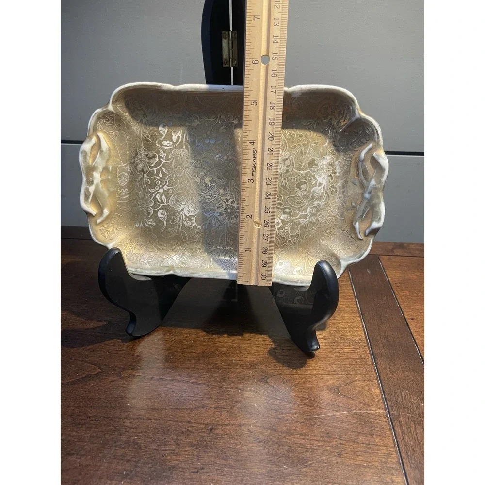 Vtg STOUFFER German SMALL GOLD LEAF Engraved OVER PORCELAIN TRAY Vanity Dish